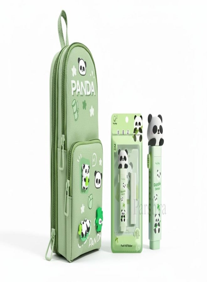 Parshya Cute Stationery Set for Kids & Students: Green Pencil Case Pouch & Retractable Push-Pull Eraser Combo | Return Gift for Girls & Boys - Image 1